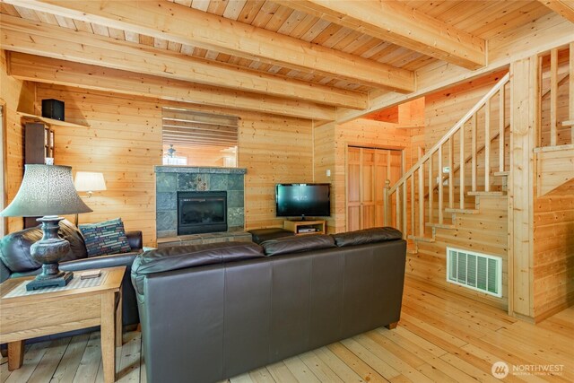 14030 Shuksan Rim Dr, Glacier, WA 98244 - living area with a wood ceiling with exposed beams, wood walls, stairway, wood-type flooring, and a tile fireplace