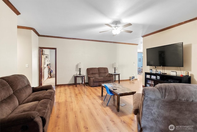 8080 Mosey Ct, Maple Falls, WA 98266 - living room featuring crown molding, ceiling fan, light wood finished floors, and baseboards