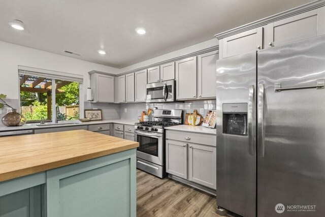 1709 Fern St SW, Olympia, WA 98502 - kitchen featuring appliances with stainless steel finishes, wooden counters, gray cabinets, wood finished floors, and recessed lighting