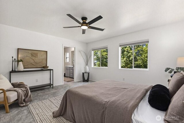 1709 Fern St SW, Olympia, WA 98502 - bedroom with light carpet, ceiling fan, and ensuite bath