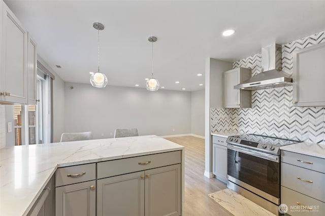20602 86th Avenue Ct E, Spanaway, WA 98387 - kitchen featuring wall chimney range hood, stainless steel electric range oven, gray cabinets, light wood finished floors, and backsplash