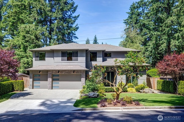 14430 SE 18th St, Bellevue, WA 98007 - prairie-style house with a garage, concrete driveway, stone siding, and roof with shingles