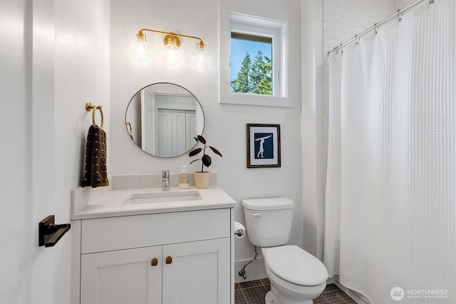 14430 SE 18th St, Bellevue, WA 98007 - full bath featuring vanity, toilet, curtained shower, and tile patterned floors