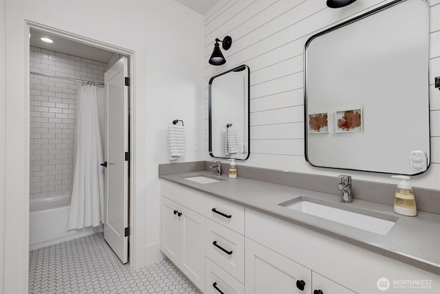 14430 SE 18th St, Bellevue, WA 98007 - full bathroom with double vanity, shower / bathtub combination with curtain, tile patterned flooring, and wood walls