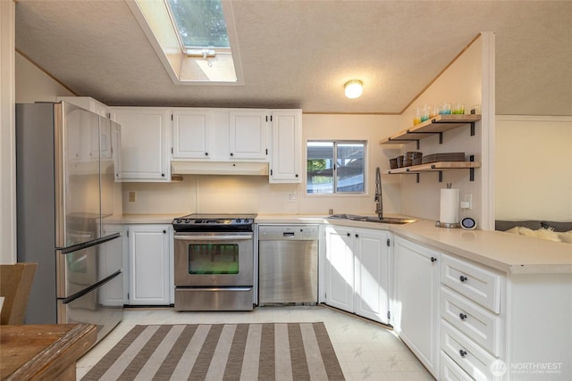 316 W Lake Samish Dr Unit 10, Bellingham, WA 98229 - kitchen featuring stainless steel appliances, a sink, under cabinet range hood, a skylight, and light countertops