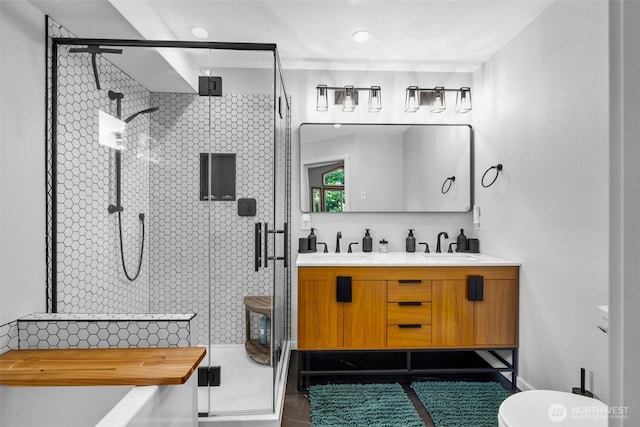 6218 199th Street Ct E, Spanaway, WA 98387 - full bath featuring a stall shower, double vanity, a bathtub, and tile patterned flooring