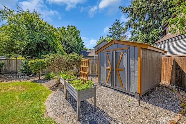 6218 199th Street Ct E, Spanaway, WA 98387 - view of shed with a fenced backyard and a vegetable garden