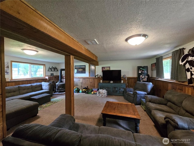 4776 Prairie Ln, Sedro Woolley, WA 98284 - living room with a wainscoted wall, a textured ceiling, carpet flooring, wood walls, and plenty of natural light
