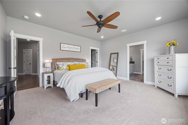 167 N Shore Dr, Orondo, WA 98843 - carpeted bedroom with recessed lighting, a ceiling fan, and ensuite bathroom
