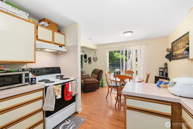 643 School St SE, Lacey, WA 98503 - kitchen with electric range, stainless steel microwave, under cabinet range hood, light countertops, and light wood-style flooring