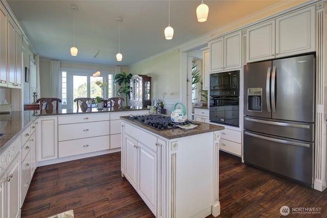 30 Chauncey Ln W, Pacific Beach, WA 98571 - kitchen featuring black appliances, ornamental molding, dark wood finished floors, decorative light fixtures, and a peninsula