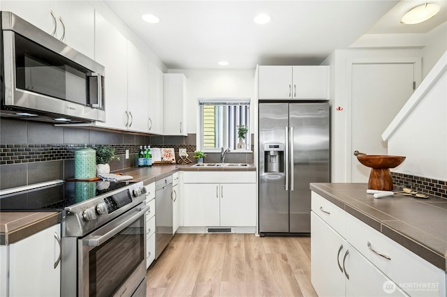 4795 35th Ave S Unit B, Seattle, WA 98118 - kitchen featuring appliances with stainless steel finishes, white cabinets, decorative backsplash, light wood-style floors, and recessed lighting