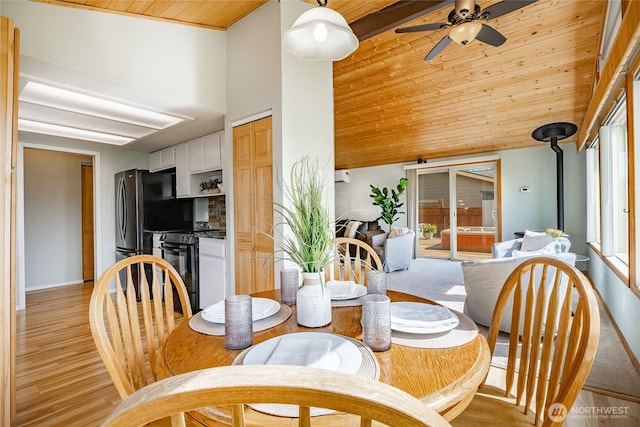 8380 Grouse Crescent Dr, Blaine, WA 98230 - dining room with wood ceiling, a ceiling fan, light wood-type flooring, baseboards, and high vaulted ceiling
