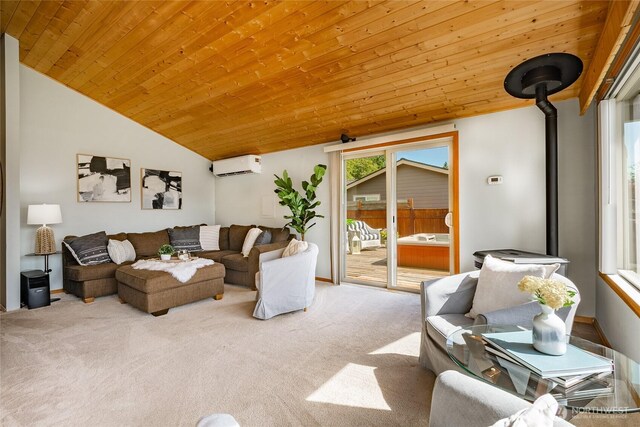 8380 Grouse Crescent Dr, Blaine, WA 98230 - living room featuring carpet, lofted ceiling, a wall unit AC, and wood ceiling
