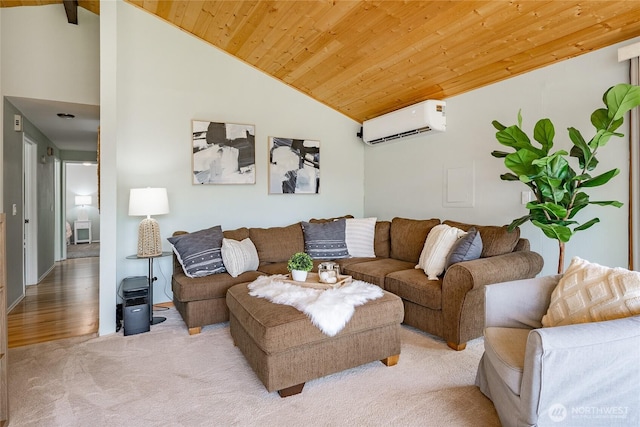 8380 Grouse Crescent Dr, Blaine, WA 98230 - carpeted living room featuring vaulted ceiling, wooden ceiling, and a wall unit AC
