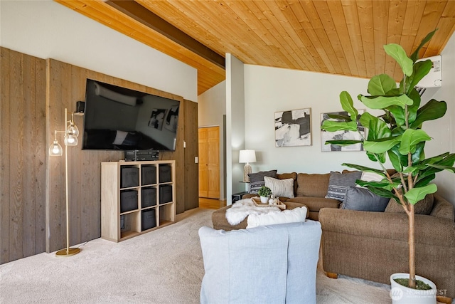 8380 Grouse Crescent Dr, Blaine, WA 98230 - living area with carpet, lofted ceiling, wooden ceiling, and wooden walls