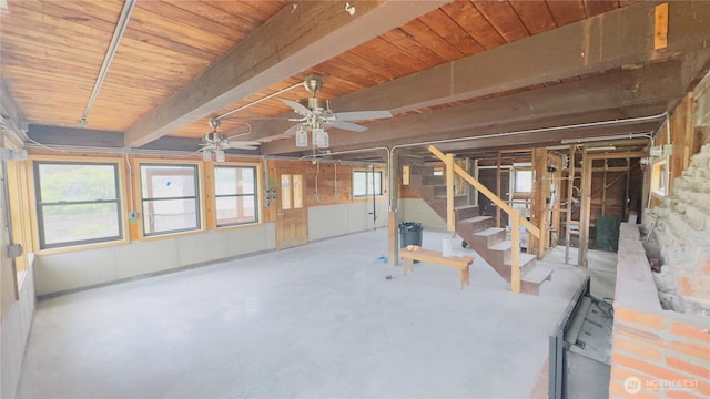 2403 Sunlight Beach Rd, Clinton, WA 98236 - below grade area with stairs, wood ceiling, and ceiling fan
