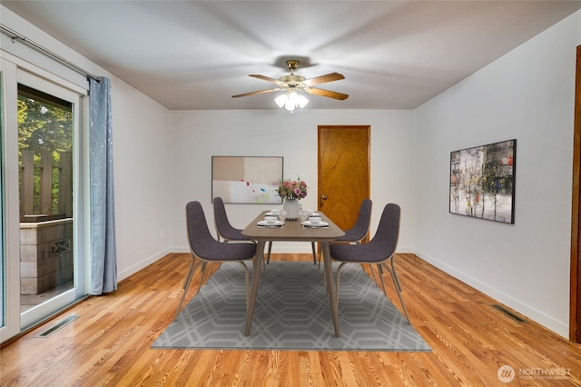 1202 Brookdale Rd E, Tacoma, WA 98445 - dining area featuring ceiling fan, baseboards, and wood finished floors