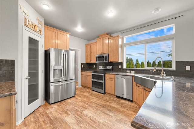 3664 N Red River Rd, Ferndale, WA 98248 - kitchen featuring stainless steel appliances, light brown cabinetry, decorative backsplash, and light wood finished floors