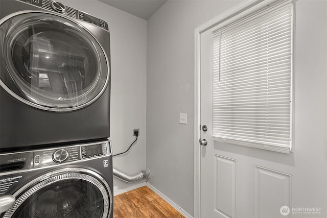 3664 N Red River Rd, Ferndale, WA 98248 - laundry room featuring estacked washer and dryer and wood finished floors