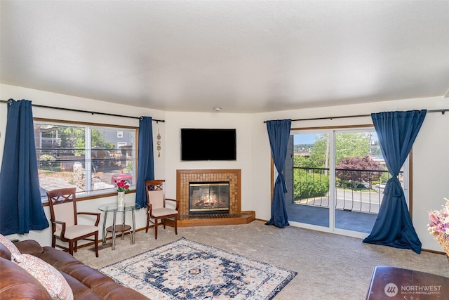 17440 NE 38th St Unit A201, Redmond, WA 98052 - living area featuring plenty of natural light, a fireplace, and carpet floors