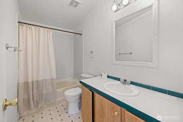 140 Big Sky Ln, Sequim, WA 98382 - full bathroom with toilet, vanity, shower / tub combo with curtain, and tile patterned floors