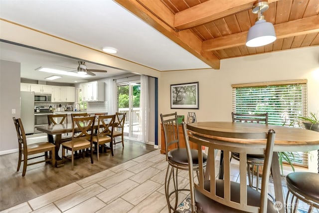 23310 133rd Ct SE, Kent, WA 98042 - dining space featuring a wood ceiling with exposed beams and a ceiling fan