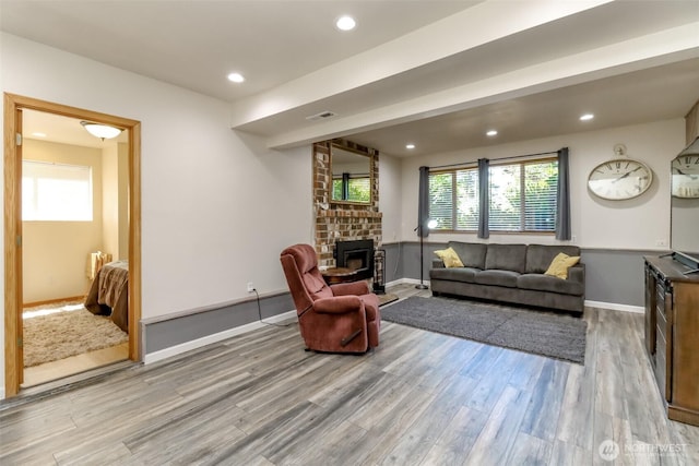 23310 133rd Ct SE, Kent, WA 98042 - living room featuring a brick fireplace, wood finished floors, and recessed lighting