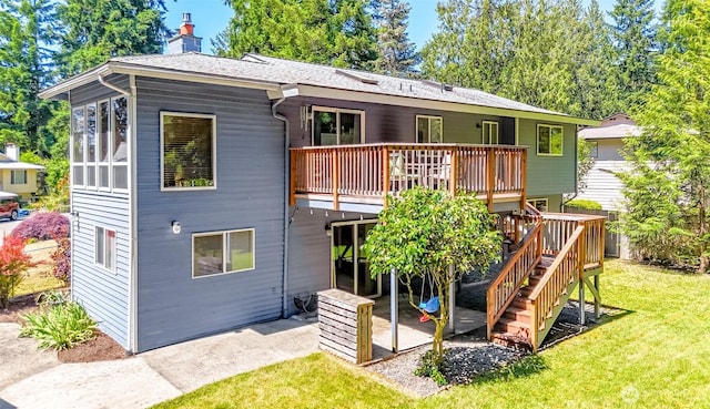 23310 133rd Ct SE, Kent, WA 98042 - back of property with a wooden deck, a patio area, a chimney, a yard, and stairs