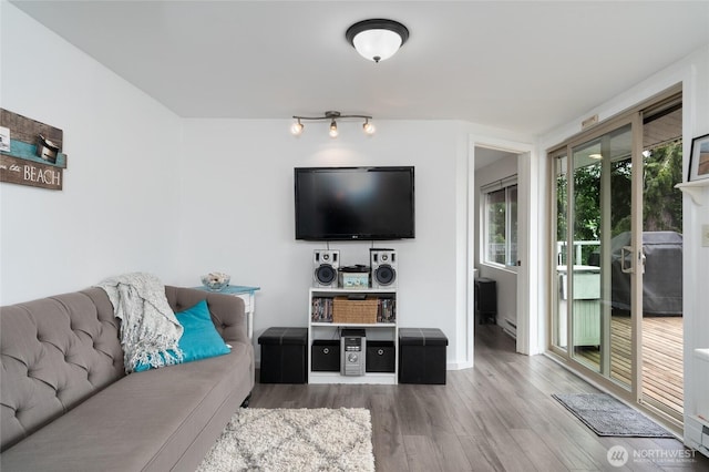 18933 W Big Lake Blvd, Mount Vernon, WA 98274 - living room with wood finished floors, a baseboard heating unit, and a baseboard radiator