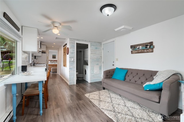 18933 W Big Lake Blvd, Mount Vernon, WA 98274 - living area with washer / clothes dryer, ceiling fan, and dark wood-style flooring