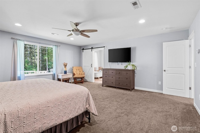 5609 Stetson Ct NW, Olympia, WA 98502 - carpeted bedroom with a barn door, ceiling fan, and recessed lighting