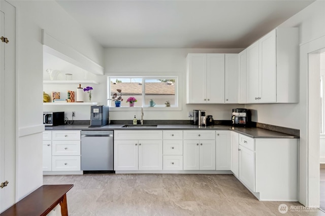 4918 S 3rd Ave, Everett, WA 98203 - kitchen with dishwasher, dark countertops, and white cabinets