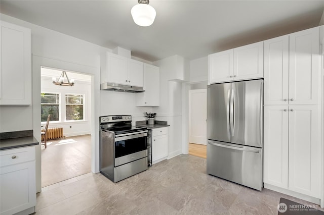 4918 S 3rd Ave, Everett, WA 98203 - kitchen with appliances with stainless steel finishes, under cabinet range hood, radiator, dark countertops, and white cabinets