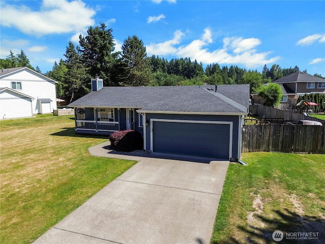 25320 153rd St E, Buckley, WA 98321 - single story home with concrete driveway, a garage, a shingled roof, covered porch, and a chimney