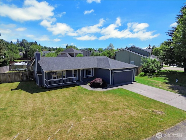 25320 153rd St E, Buckley, WA 98321 - ranch-style home featuring a porch, concrete driveway, a garage, roof with shingles, and a chimney
