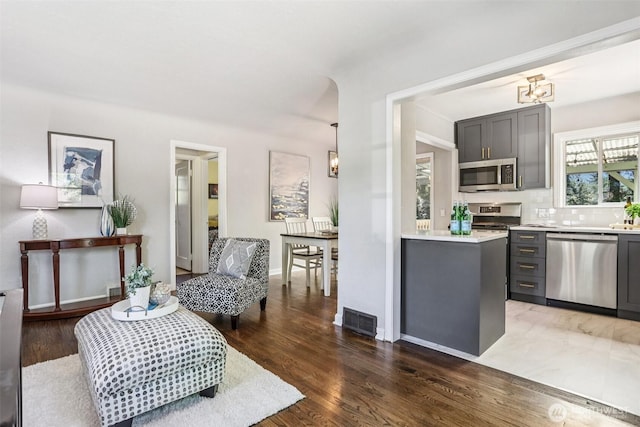1535 NE 107th St, Seattle, WA 98125 - kitchen featuring stainless steel appliances, gray cabinetry, light countertops, backsplash, and wood finished floors