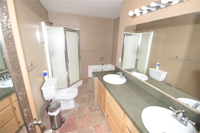 1305 Browns Point Blvd, Tacoma, WA 98422 - bathroom featuring a stall shower, double vanity, and stone tile floors