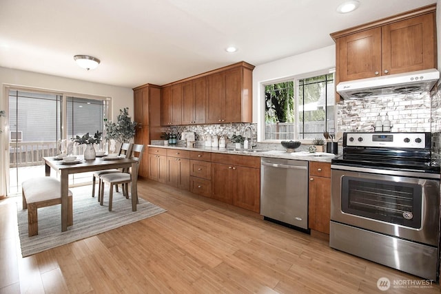 3304 202nd St SW, Lynnwood, WA 98036 - kitchen with stainless steel appliances, under cabinet range hood, brown cabinets, decorative backsplash, and recessed lighting