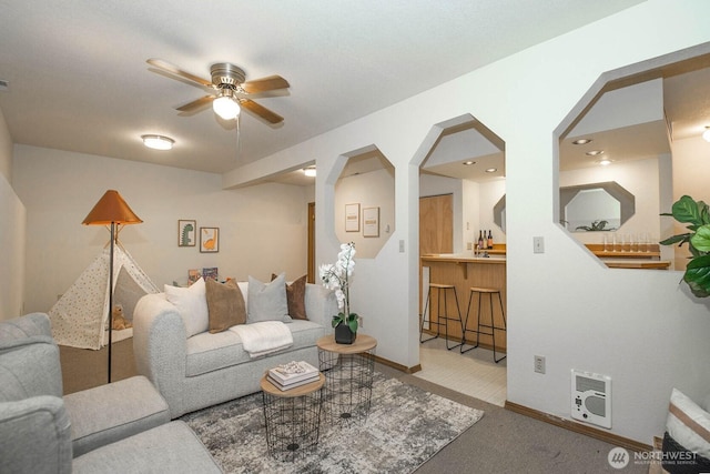 3304 202nd St SW, Lynnwood, WA 98036 - living room featuring carpet floors, ceiling fan, and heating unit