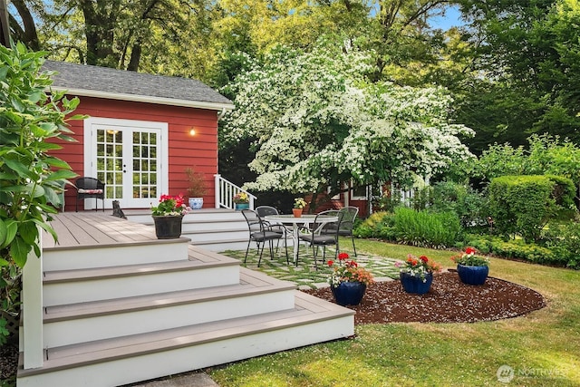 9026 SW 184th St, Vashon, WA 98070 - wooden terrace with french doors and a lawn