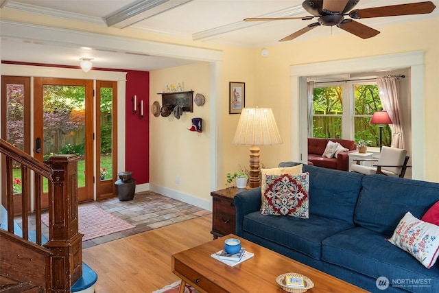 9026 SW 184th St, Vashon, WA 98070 - living area featuring healthy amount of natural light, a ceiling fan, crown molding, and stone tile flooring