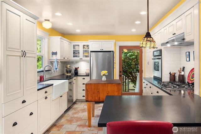 9026 SW 184th St, Vashon, WA 98070 - kitchen with appliances with stainless steel finishes, under cabinet range hood, dark countertops, decorative backsplash, and recessed lighting