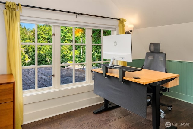9026 SW 184th St, Vashon, WA 98070 - office featuring dark wood finished floors, wainscoting, and plenty of natural light
