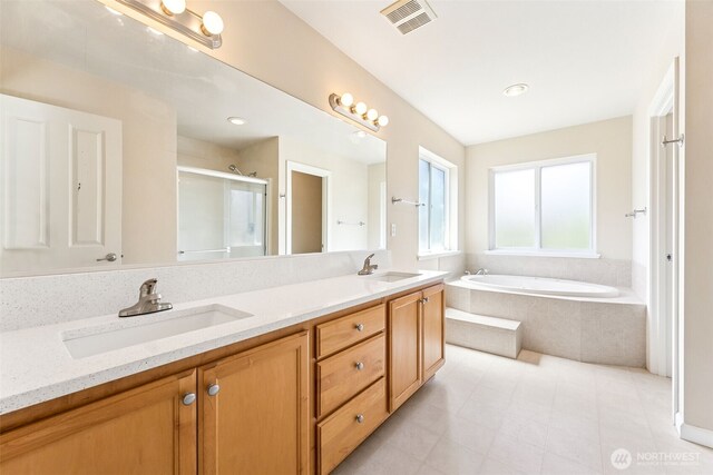 5004 98th Avenue Ct W, University Place, WA 98467 - bathroom with a bath, a shower stall, and double vanity