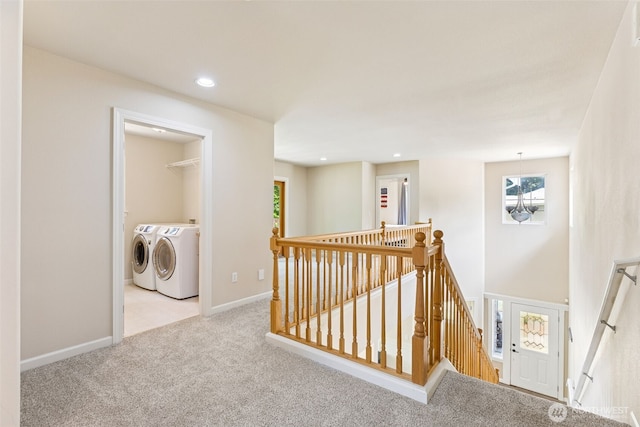 5004 98th Avenue Ct W, University Place, WA 98467 - hall with an upstairs landing, washing machine and clothes dryer, carpet floors, plenty of natural light, and recessed lighting