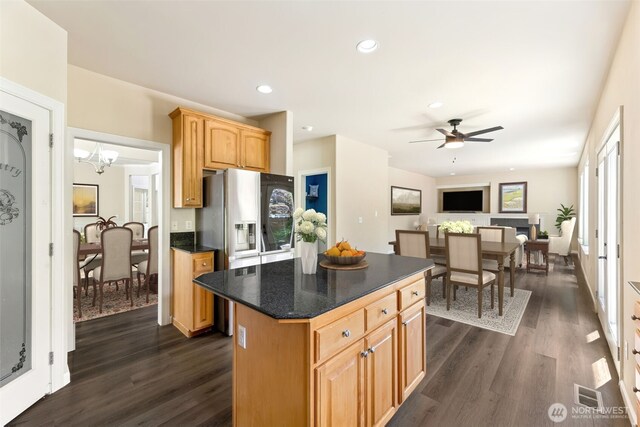 5004 98th Avenue Ct W, University Place, WA 98467 - kitchen featuring dark wood-style floors, a kitchen island, a ceiling fan, stainless steel fridge, and recessed lighting