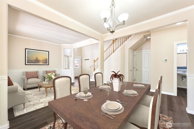 5004 98th Avenue Ct W, University Place, WA 98467 - dining area featuring a chandelier, dark wood-style floors, stairs, and ornamental molding