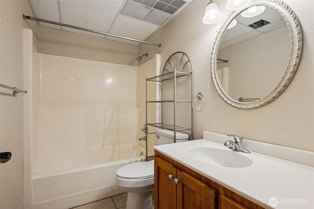 7650 SE Southworth Dr, Port Orchard, WA 98366 - full bathroom featuring shower / washtub combination, vanity, tile patterned flooring, and a paneled ceiling