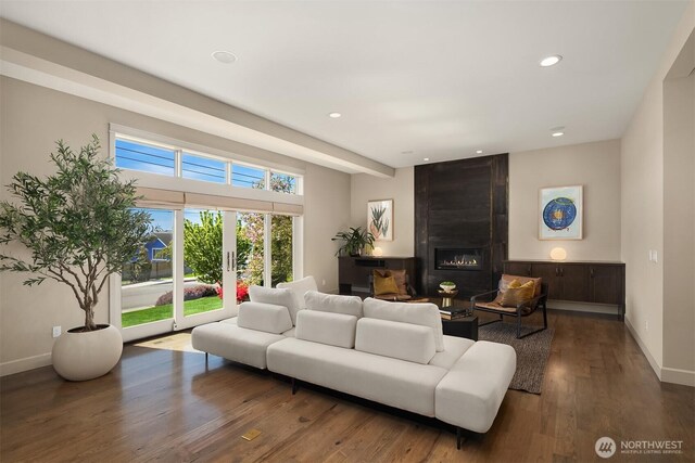 212 5th Ave W, Kirkland, WA 98033 - living area with a fireplace, wood finished floors, baseboards, and recessed lighting